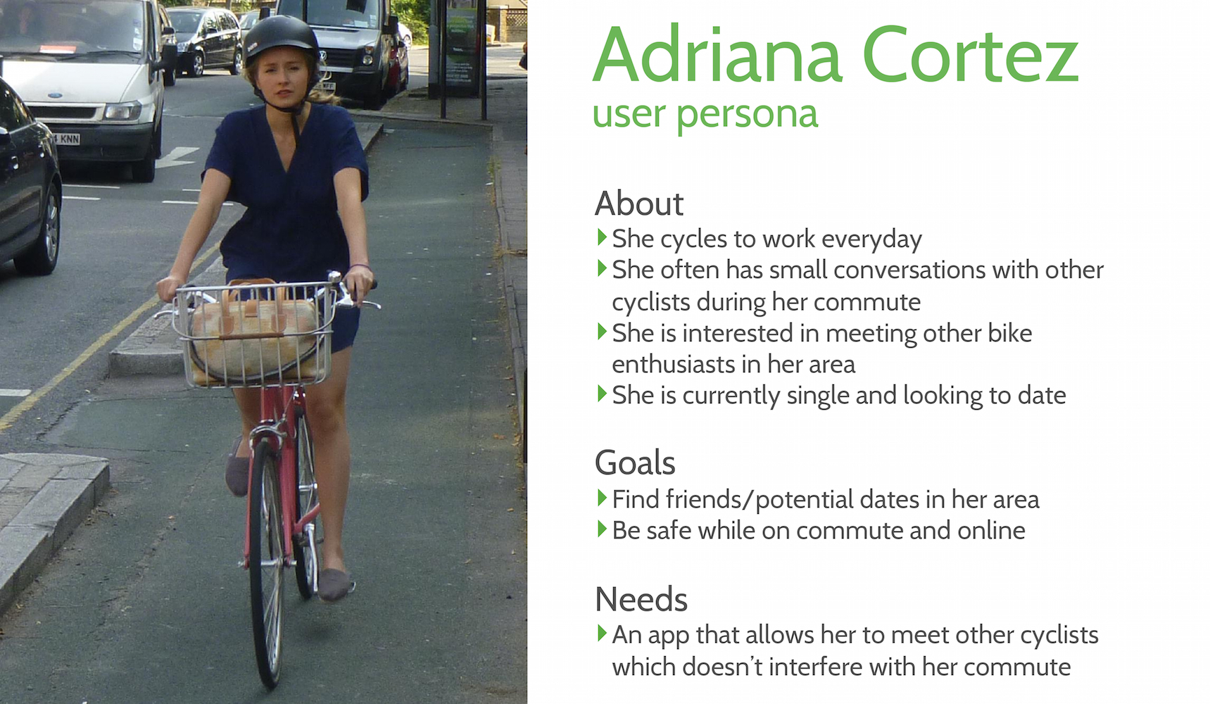 The persona of Chance: a daily cyclist who is interested in meeting people and be safe during biking commute